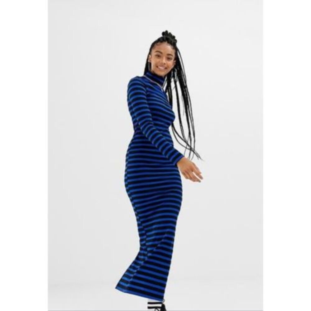 Collusion Blue Black Striped Ribbed Turtleneck Bodycon Maxi Sweater Dress Sz 8